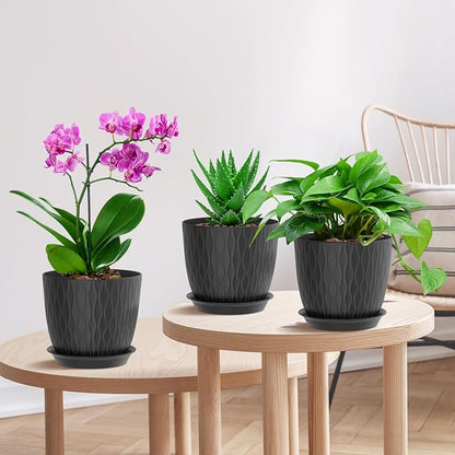 7 inch Plant Pots, 5 Pack Flower Pots with Drainage Holes and Saucers for Indoor Plants, Plastic Planters with Water Ripple for Small Garden House Plants, Nursery Pots for Succulent, Black