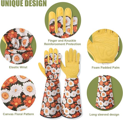Long Gardening Gloves for Women Thorn Proof,Rose Pruning Cowhide Leather Garden Gloves for Cactus, Rose and Blackberry