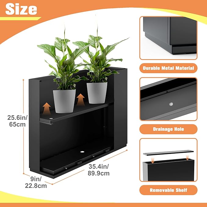Large Rectangle Planter Metal Black Planter Box with a Drainage Hole and a Removable Divider Indoor Outdoor Porch Pots for Tall Plants, Trees, Flowers 35.43" x 9.06" x 25.59" Black