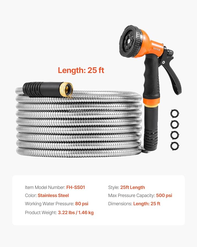 VEVOR Metal Garden Hose 25 ft, Rust Proof Stainless Steel Water Hose, Heavy Duty Backyard Hose with 10 Function Nozzle, No-Kink & Flexible Water Pipe, Lightweight Metal Hose for Yard, Outdoor