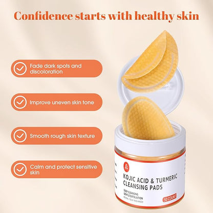 Turmeric Kojic Acid Cleansing Pads: Skin Brightening Exfoliat– Gentle Turmeric Facial Pad for Even Skin Tone, Radiant Complexion – Makeup Cleansing Pads 50