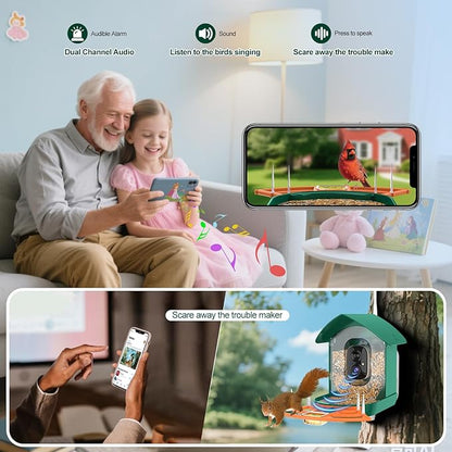 Bird Feeder with Camera,WiFi Smart Bird House with Cam Solar Powered for Outdoor,AI Identify,App Notification,Night Vision,2K Live View,Auto Record Video,Birdwatching Gifts for Family,Birds Lover