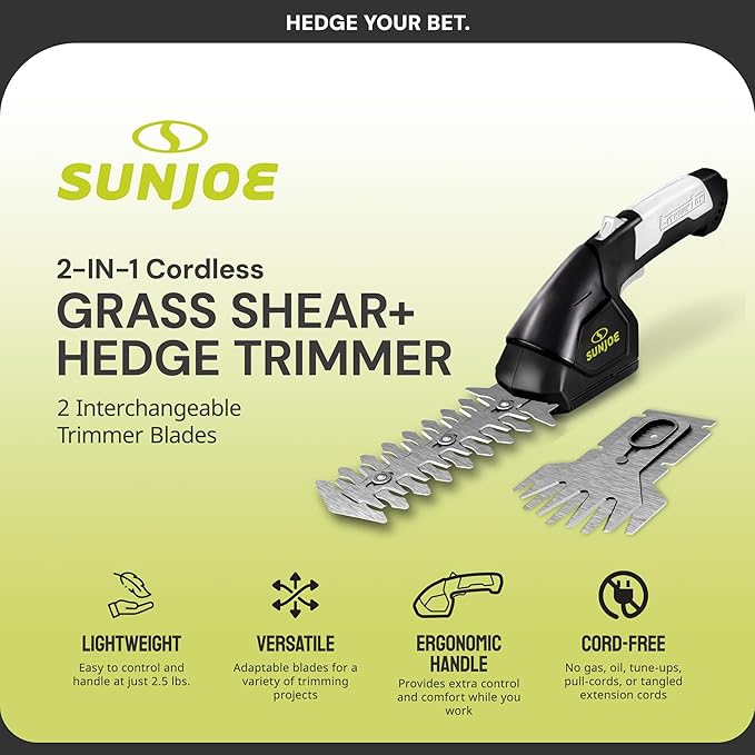 Sun Joe HJ604C 7.2-Volt Cordless Grass Shears and Trimmer, Charger and Battery Included