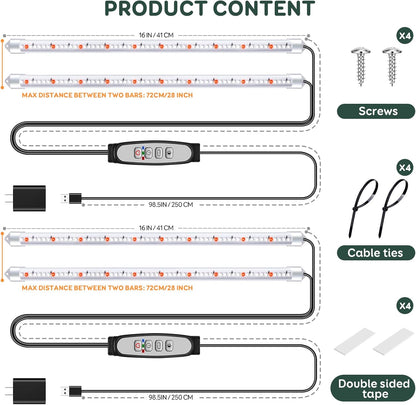 2 Bars Grow Light Strips for Indoor Plants with Auto ON/Off Timer 6/12/18H, 5 Dimmable Levels for Shelves Plant Growing(Pack 2)
