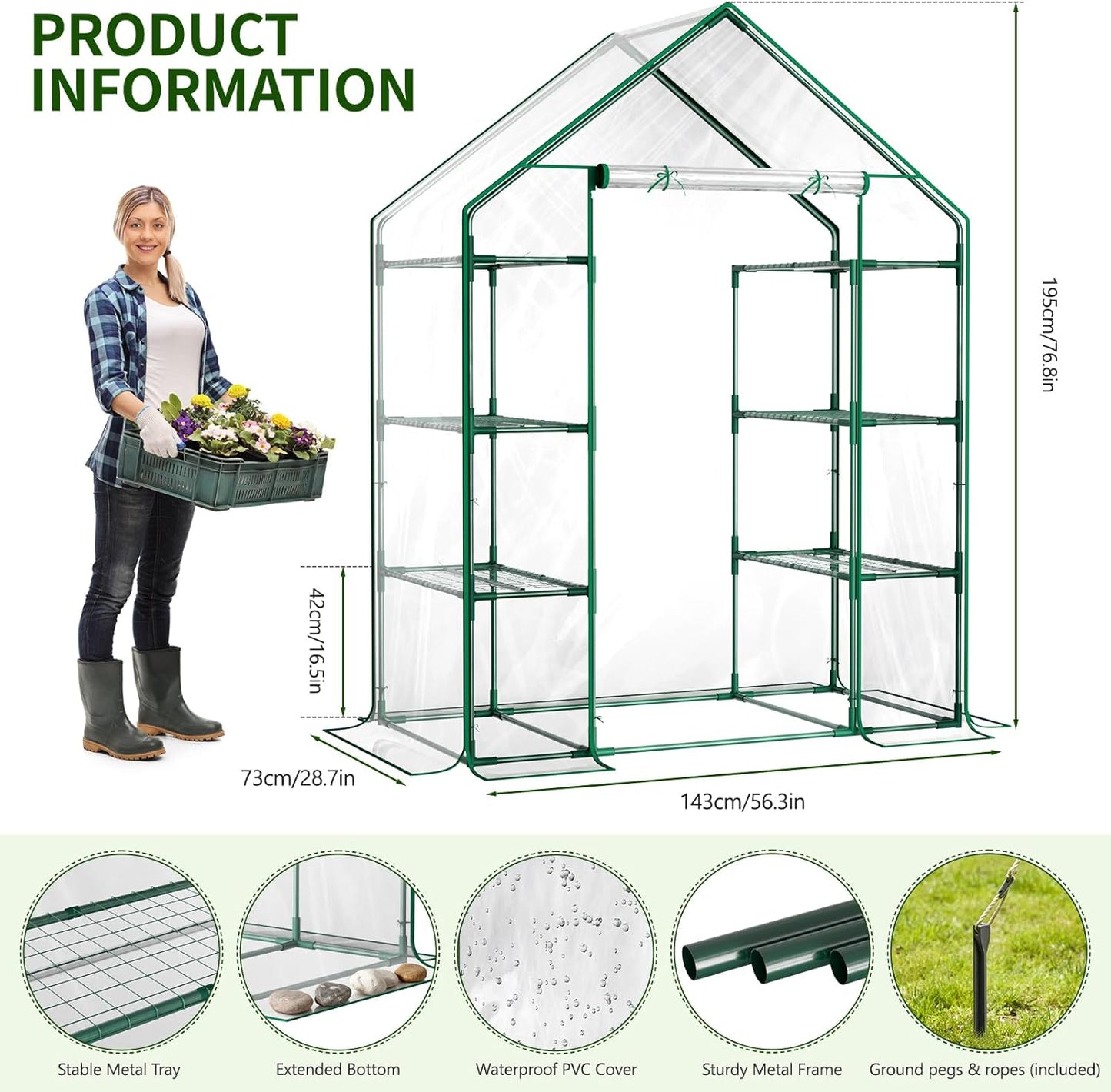 Indoor Greenhouse with Grow Light, 4-Tier 56.3"x28.7"x76.8" Mini Greenhouse with Roll-Up Zippered PVC Cover for Seed Starting Trays, Dimmable Grow Light Shelf for Indoor Plants with Timer
