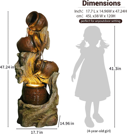 Freestanding Outdoor Fountain - Garden Water Feature with LED, Cascading Jar & Faux Wood Design for Patio/Backyard