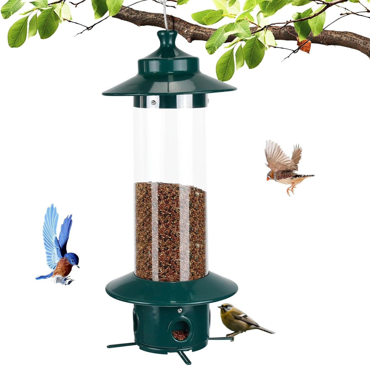 Hanging Bird Feeder for Outdoors, Squirrel Proof Bird Feeders for Outside with 4.8 Lb Capacity, 4 Ports Tube Metal Wild Bird Feeders for Garden Yard Decoration Viewing Cardinal, Weather-Resistant