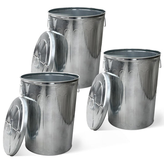 Plexon 20 Gallon Metal Trash Can with Lid Outdoor Galvanized Steel Large Garbage Can, 3 Pack