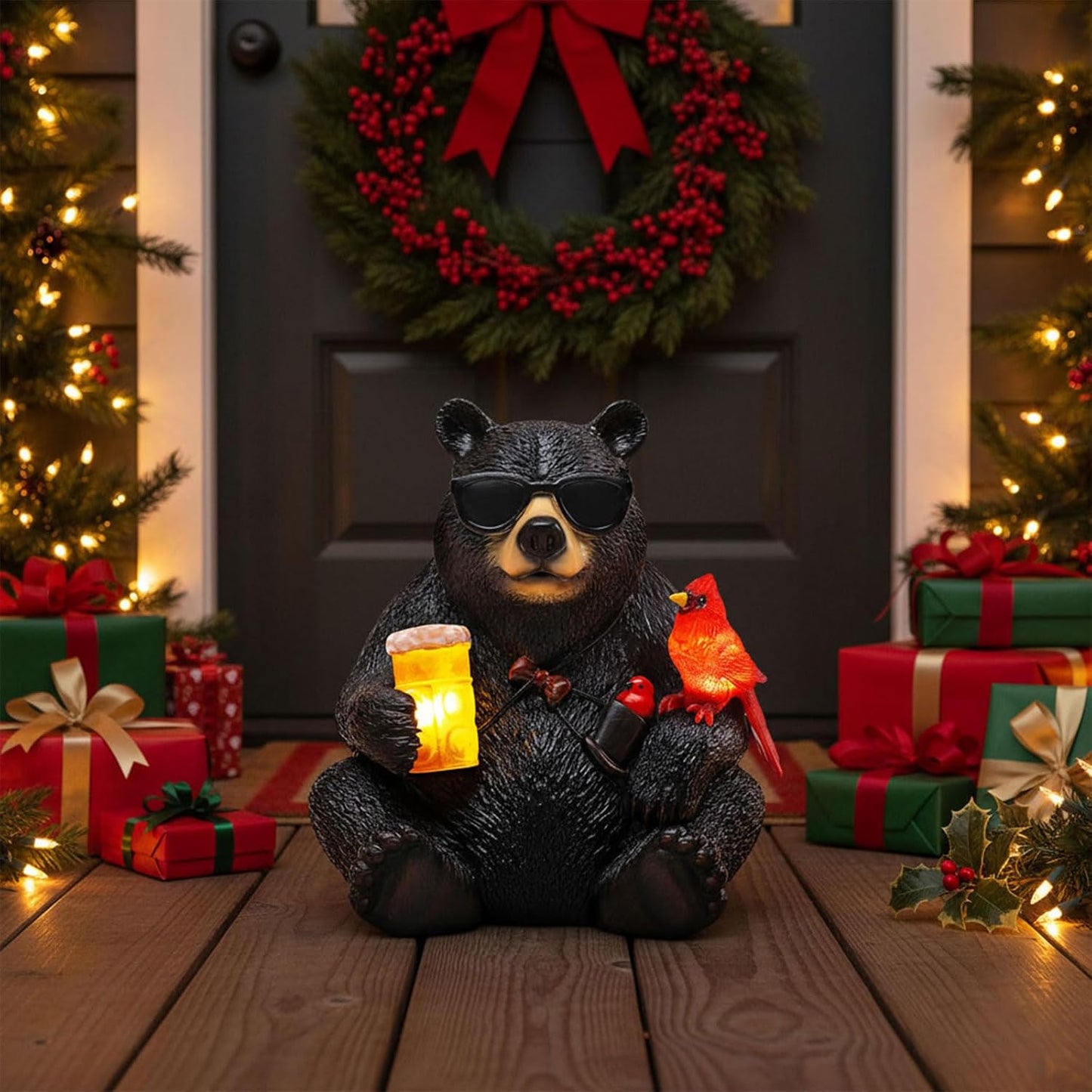 Solar Black Bear Statue for Garden with Beer and Cardinals 6.3" Resin Garden Statues for Outside Yard Paito Porch Decor Birthday Gardening Gifts for Women Mother Sister Grandmother Wife