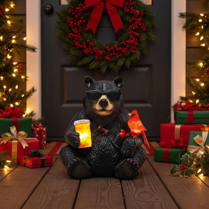Solar Black Bear Statue for Garden with Beer and Cardinals 6.3" Resin Garden Statues for Outside Yard Paito Porch Decor Birthday Gardening Gifts for Women Mother Sister Grandmother Wife