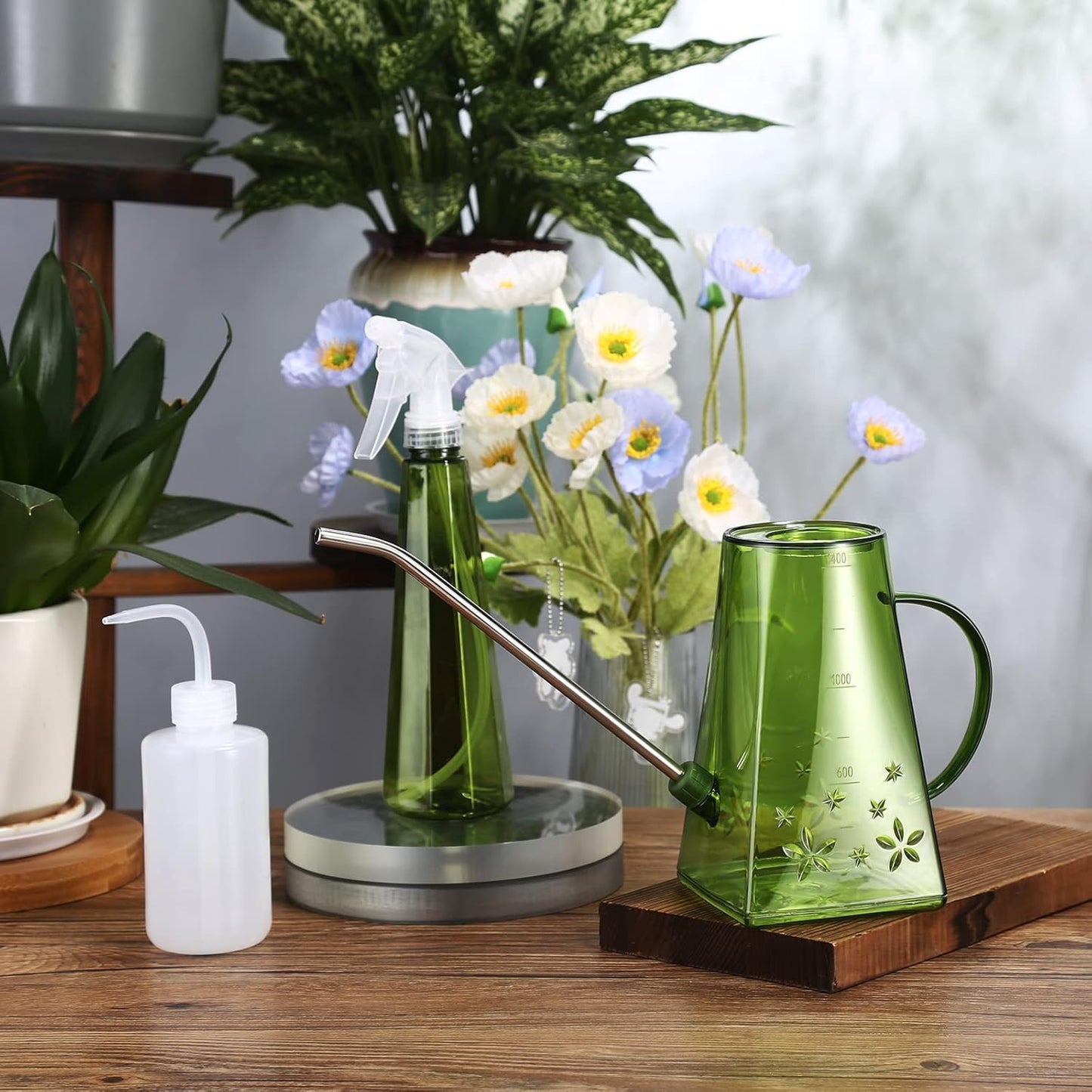 Goowin Indoor Plants Watering Can - Long Spout 47 oz with Bonus 16 oz Spray Bottle & 8.5 oz Squeeze Bottle, Green