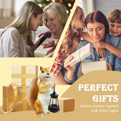 Solar Garden Statues Squirrel Decor - Resin Outdoor/Indoor Squirrel Sculpture Garden Lights Statue Decoration for Patio Home Yard Lawn, Unique Garden Figurine Lights Gift for Mom Grandma