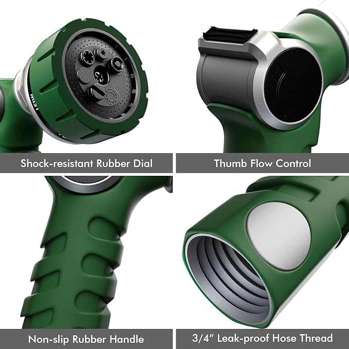 RESTMO Heavy Duty Hose Nozzle, Metal Garden Water Hose Sprayer with 7 Watering Patterns, Thumb Control, On Off Valve, High Pressure Nozzle Sprayer for Watering Plants, Car and Pet Washing, Green