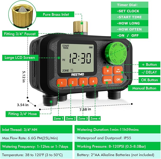 RESTMO 4 Zone Sprinkler Timer with Brass Inlet, Programmable Water Timer for Garden Hose, Automatic Control | Manual ON/Off | Rain Delay for Outdoor Faucet, Drip Irrigation and Lawn Watering System