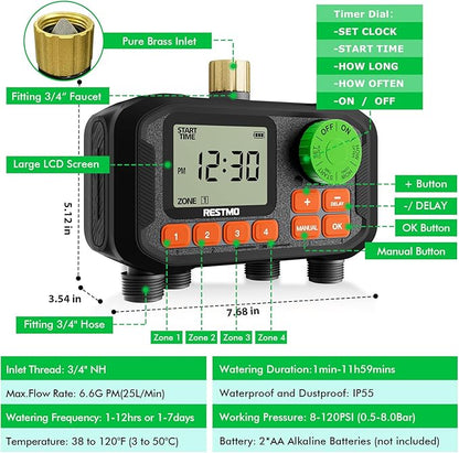 RESTMO 4 Zone Sprinkler Timer with Brass Inlet, Programmable Water Timer for Garden Hose, Automatic Control | Manual ON/Off | Rain Delay for Outdoor Faucet, Drip Irrigation and Lawn Watering System