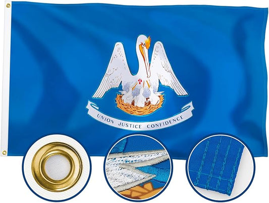 XIFAN Premium Louisiana State Flag 3x5 ft Outdoor, Double Sided Embroidered Pattern, Heavy Duty 210D Nylon LA Flags, the Strongest Longest Lasting for Outside with Sewn Stripes/Brass Grommets