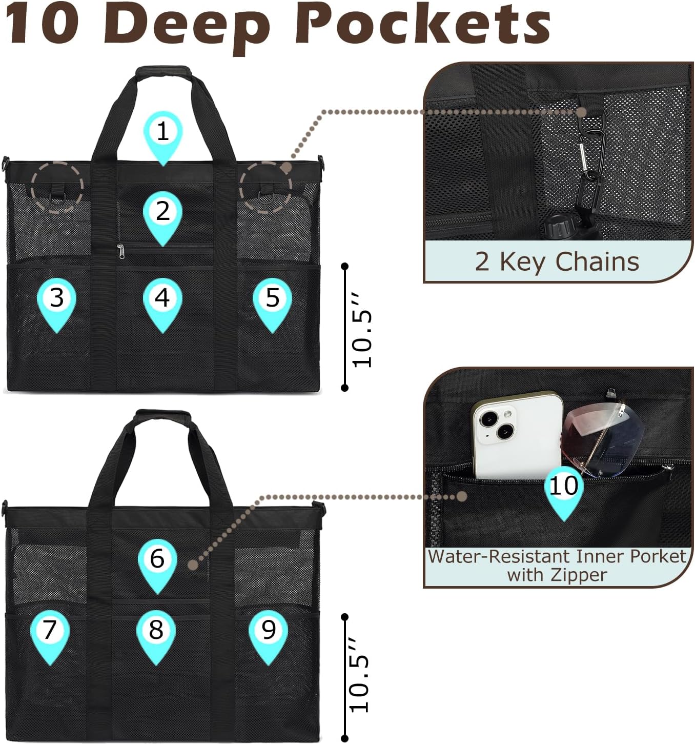 Mesh Beach Bag, Large Beach Tote with Zipper Pocket for Family Pool Bag for Toys & Vacation Essentials