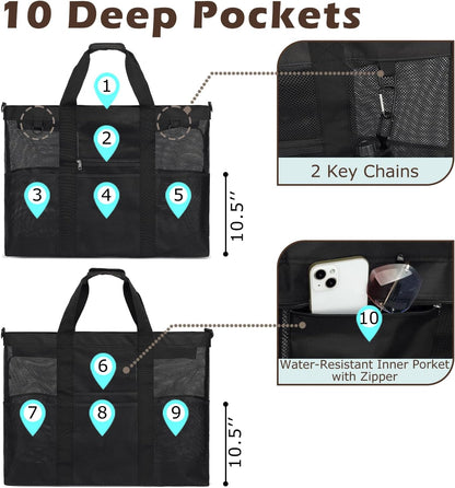 Mesh Beach Bag, Large Beach Tote with Zipper Pocket for Family Pool Bag for Toys & Vacation Essentials