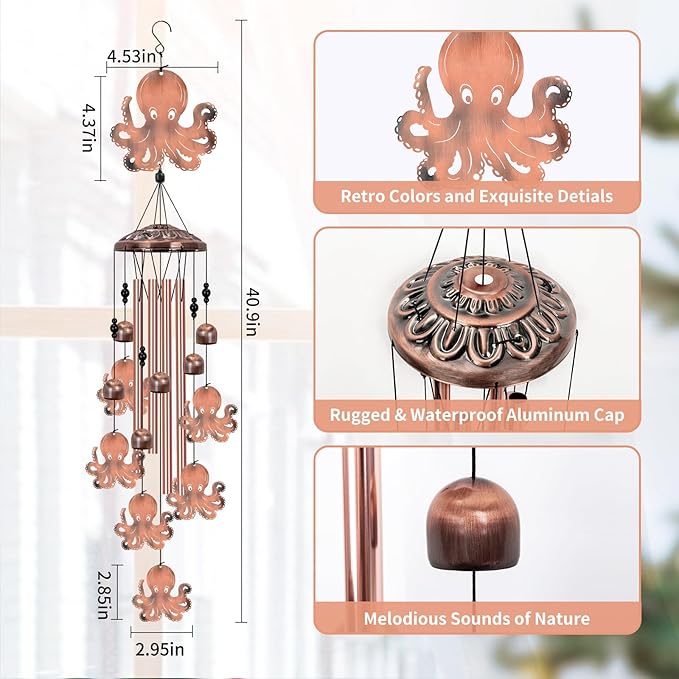 Octopus Wind Chimes for Outside, Large Octopus Gifts for Women, Marine Animal Wind Chime, Metal Octopus Decor, 40" Outdoor Garden Decor for Lawn, Porch, Patio, Yard