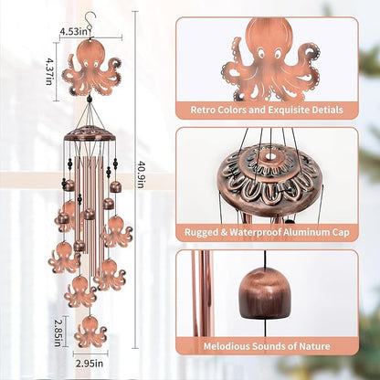 Octopus Wind Chimes for Outside, Large Octopus Gifts for Women, Marine Animal Wind Chime, Metal Octopus Decor, 40" Outdoor Garden Decor for Lawn, Porch, Patio, Yard