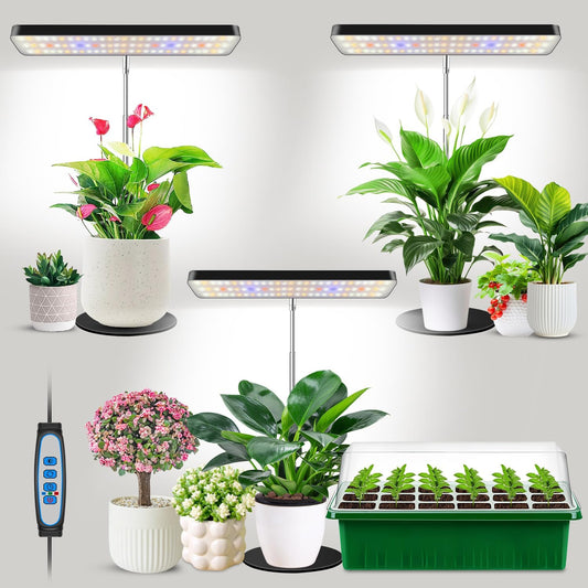Plant Lights for Indoor Growing, Full Spectrum Grow Light 3 Pack with Base, 26 Inch Height Adjustable LED Grow Lamp with 6/12/16H Timer, 5 Dimming Levels, Ideal for Seeds Starting