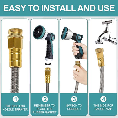 25FT Garden Hose, 304 Stainless Steel Water Hose, Flexible with a 10-Mode Nozzle Sprayer, No Kink, Lightweight, Puncture Proof, Ideal for Yard, Lawn, Outdoor, 5/8'' Outside Diameter