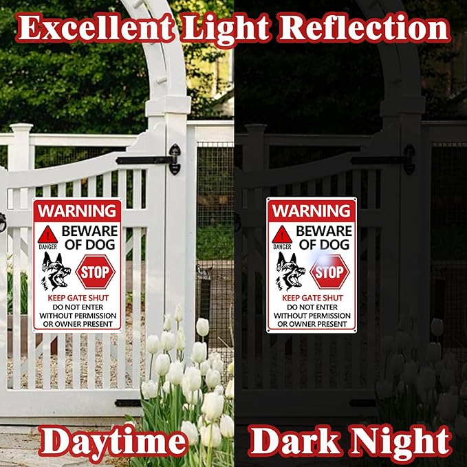 Beware of Dog Sign 2PCS - Beware of Dogs Signs for Fence, Do Not Enter Signs Keep Gate Closed, Stop Danger Warning Reflective Tin Decoration for Garden Yard Wall Metal Decor 11.8x7.9 Inches