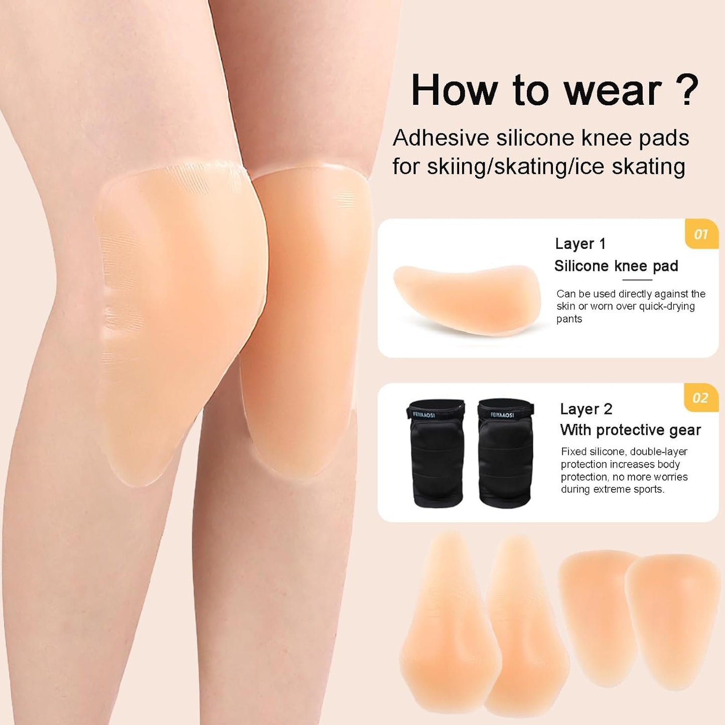 Silicone Knee Pads,Adhesive Knee Brace KneePad for Skiing Skating,Snowboarding,Ateboarding,Roller Skating,Rollerblading,Dancing,Unisex,Skin,L