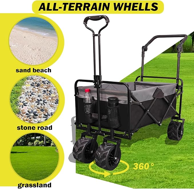 Collapsible Folding Wagon with Extra Push Pull Handle, Heavy Duty Utility Cart with Big All-Terrain Beach Wheels, Large Capacity Folding Garden Wagon for Shopping, Beach, Sports, Outdoor