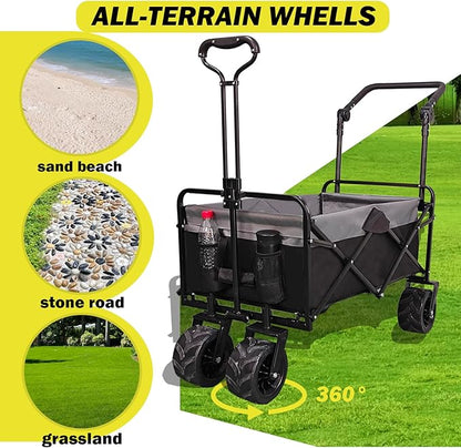 Collapsible Folding Wagon with Extra Push Pull Handle, Heavy Duty Utility Cart with Big All-Terrain Beach Wheels, Large Capacity Folding Garden Wagon for Shopping, Beach, Sports, Outdoor