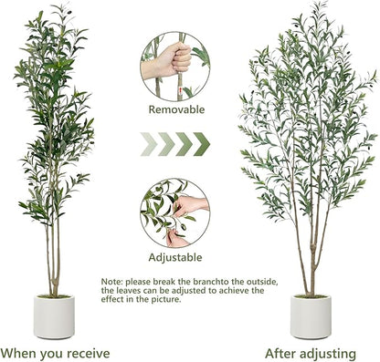 Olive Trees Artificial Indoor, 2 PCS 6FT Faux Olive Tree with Tall Pot, Natural Wood Trunk Treemote and Leaves, Fake Plant for Home Office Bedroom Decor
