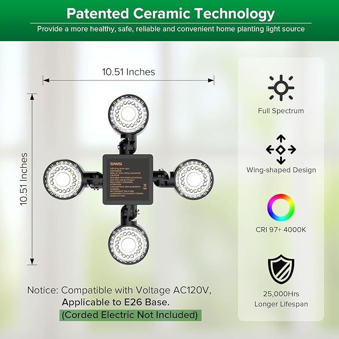 SANSI Grow Lights for Indoor Plants, Full Spectrum with Remote Control, Dimmable, Auto On Off 4 8 12 Hrs Timer, 40W (400 Watt Equiv) Plant Light with Optical Lens for Indoor Greenhouse, E26 Base
