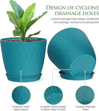 6 inch Plant Pots, 5 Pack Flower Pots with Drainage Holes and Saucers for Indoor Plants, Plastic Planters with Water Ripple for Small Garden House Plants, Nursery Pots for Succulent, Blue Green