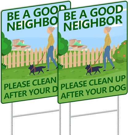 Clean Up After Your Dog Signs for Yard 2 Pack - 12.6x9.5Inches No Dogs Poop Sign with Metal Stake Sturdy, BE A GOOD NEIGHBOR Dog Pooping Signs for Lawn, Pick Up After Your Outdoor Pooch
