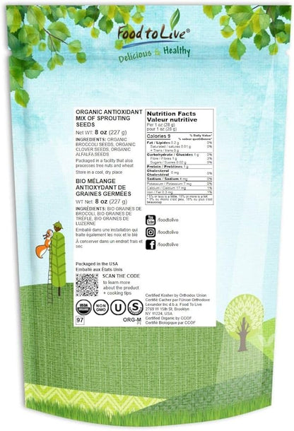 Food to Live Organic Antioxidant Mix of Sprouting Seeds, 8 Ounces - Non-GMO Broccoli, Alfalfa, Clover, Rich Germination Rate, Non-Irradiated, Kosher, Vegan Superfood, Bulk, Rich in Sulforaphane