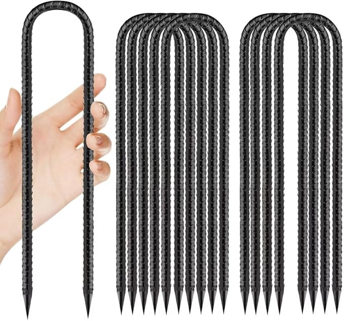 Ground-Stakes-Heavy-Duty-12 inch, U-Hook Rebar Stakes Black Coated Anti-Rust 10pcs Garden Stakes Metal Ground Anchors for Garden Dog Fence Chicken Coop Christmas Decorations Deer Fence