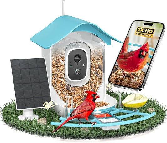 Smart Bird Feeder with Camera, 2K HD AI Identify Birds Species, Bir d Watching Camera with Solar Panel, Auto Capture Bird Videos & Instant Notifications, Ideal Present for Bir d Lover, Blue