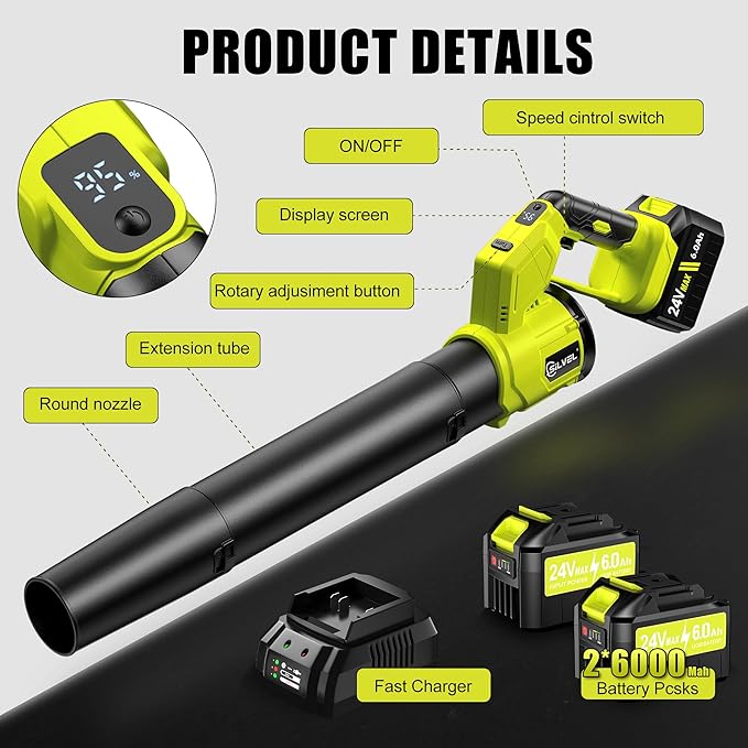 SILVEL Leaf Blower, 650CFM (200MPH) High Power Brushless Turbo, 24V Cordless Electric Blower with 2x6.0Ah Battery and Charger Lightweight for Lawn Care, Patio Cleaning, Fallen Leaves and Dust