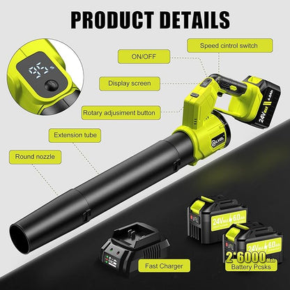 SILVEL Leaf Blower, 650CFM (200MPH) High Power Brushless Turbo, 24V Cordless Electric Blower with 2x6.0Ah Battery and Charger Lightweight for Lawn Care, Patio Cleaning, Fallen Leaves and Dust