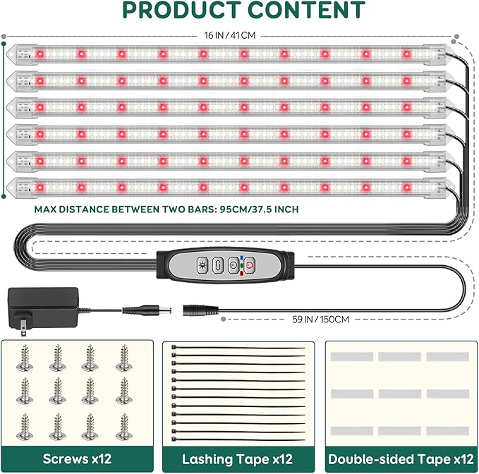 6-Bar Grow Light Strips for Indoor Plants, 16" Full Spectrum Plant Lights, 6500K Sunlike Grow Lights with 6/12/18H Timer, 5-Level Dimmable for Indoor Growing