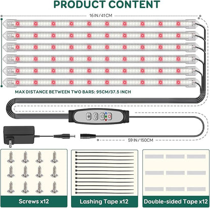 6-Bar Grow Light Strips for Indoor Plants, 16" Full Spectrum Plant Lights, 6500K Sunlike Grow Lights with 6/12/18H Timer, 5-Level Dimmable for Indoor Growing