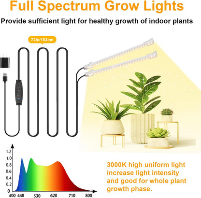 8.6'' Mini Two Strip Growing Lamp for Indoor Plants, 3000K Full Spectrum LED Grow Light Strips with Auto ON/Off 3/9/12H Timer & 10 Dimmable Levels for Green House Succulent (2 Head×2 Pack)