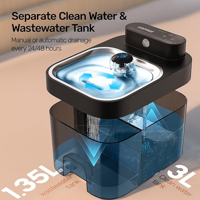 Cat Water Fountain, No Filter Cotton, App Monitoring Wastewater Separation Pet Water Fountain, 5000mAh Battery & Plug-in, 3L/101oz Wireless Automatic Water Dispenser for Cats Indoor, Black