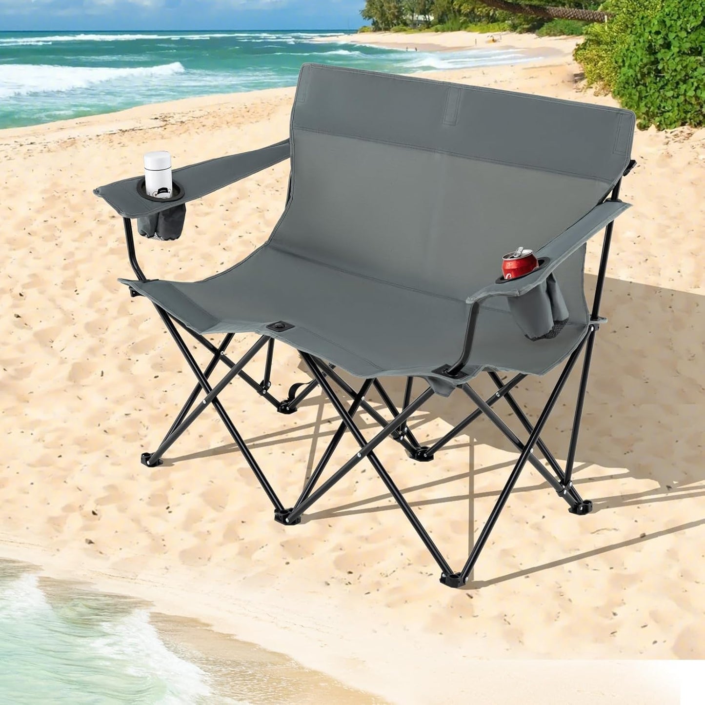 Goplus Double Camping Chair, Oversized Heavy Duty Camping Loveseat for Adults, Portable Folding 2 Person Camping Chair with Cup Holder for Outdoor Lawn Beach Backyard