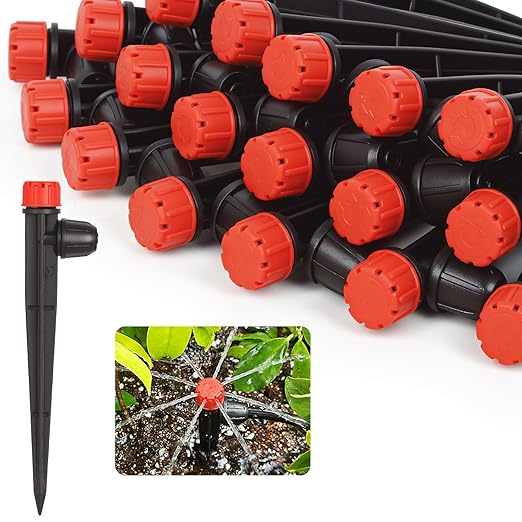 50pcs Drip Irrigation Emitters Drip Emitters for 1/4" Drip Irrigation Tubing 360 Degree Water Flow Adjustable Irrigation Drippers with Lock Barbed Drip Irrigation Heads for Flower Plants Garden
