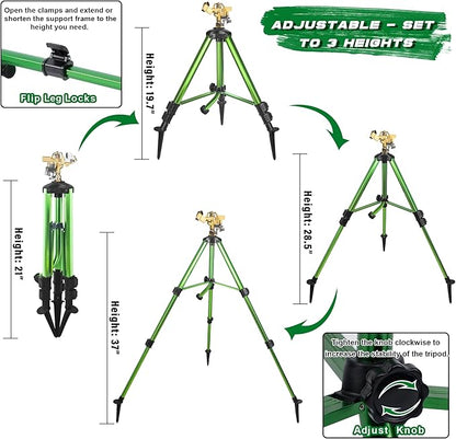 Triumpeek 2 Pack Impact Sprinkler on Tripod Base with Stakes, 360 Degree Large Area Coverage Irrigator with Extension Legs, Adjustable Brass Sprinkler Head Nozzle and 3/4" NH Inlet Hose Connection