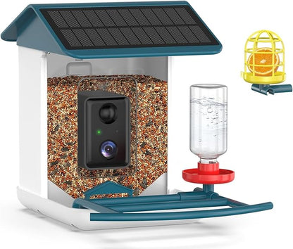 Bird Feeder with Camera, Free AI Forever for 11,000+ Species, 64G TF Card & 1080P HD, Solar-Powered Wireless Outdoor Design, App Alerts & Two-Way Audio for Garden Wildlife Watching (Haze Blue)