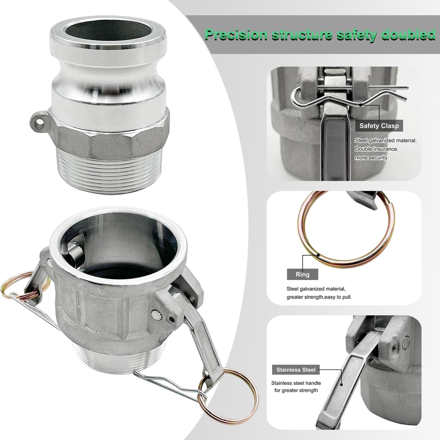 SAFBY 2PCS Type B, Type F, Aluminum Cam Lock Fittings Cam Groove Fitting Camlock Fittings, Male and Female Adapter Male NPT Thread with Whip Stop Hose Restraint