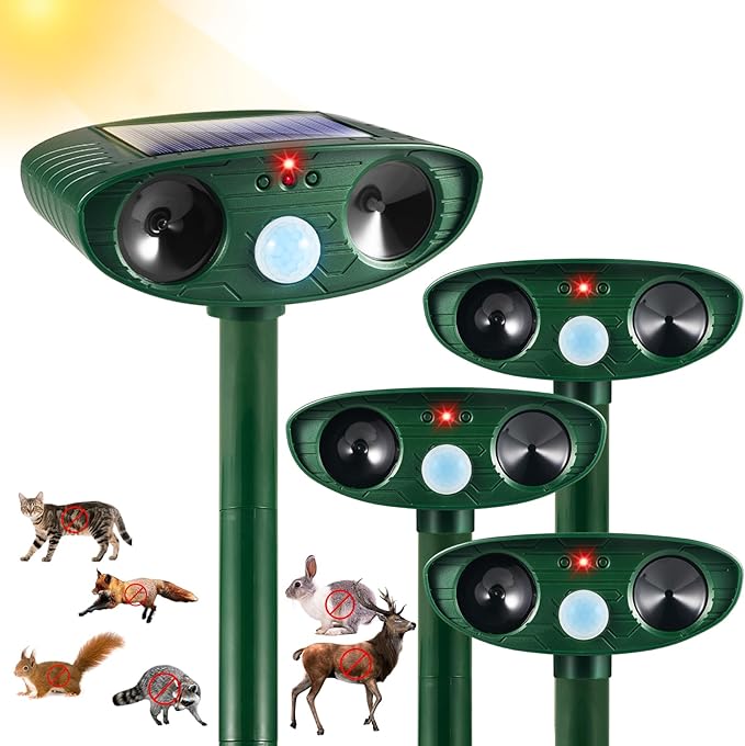 4 Pack Solar Animal Repellent Ultrasonic Deer Repellent Devices Cat Deterrent Outdoor Waterproof with Motion Sensor Solar Animal Repeller for Squirrel,Dog,Raccoon,Skunk,Rabbit for Yard Garden