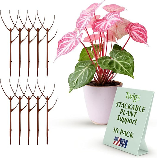 Stackable Plant Support Stakes, Stem Holder Structures for Indoor & Outdoor Use, Garden Accessories for Climbing & Potted Plants, Trellis Alternative - Begonia Red, 10 Pack, 17" L